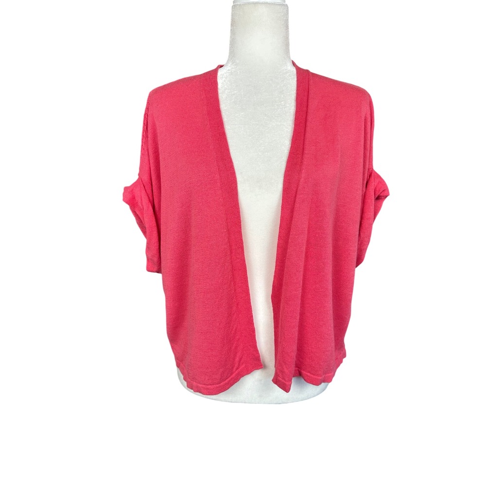 J. Jill Womens Cardigan Size M Pink Linen Blend Open Front Short Sleeve Sweater - Picture 2 of 8